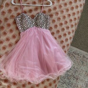 Night Moves Silver and Pink Embellished Tiered Prom Dress